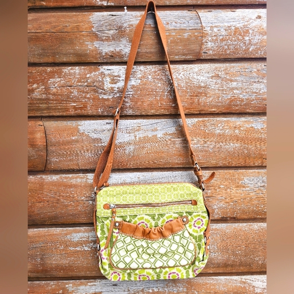 Vintage Fossil Green Canvas & Brown Genuine Leather Crossbody Purse Floral - Picture 7 of 16